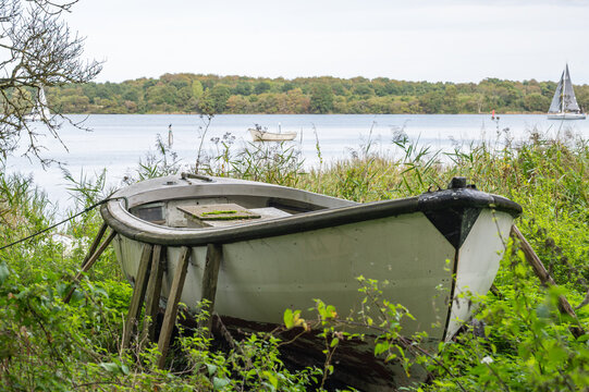 Altes Fischerboot liegt zwischen Ufervegetation an einem See, w&auml;hrend Segelboote und bewaldetes Ufer im weichen Tageslicht eine maritime Landschaft pr&auml;gen.