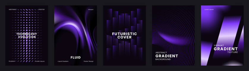 Naklejka na ściany i meble A futuristic vector poster collection features dark purple gradients fluid waves geometric forms and neon glow.