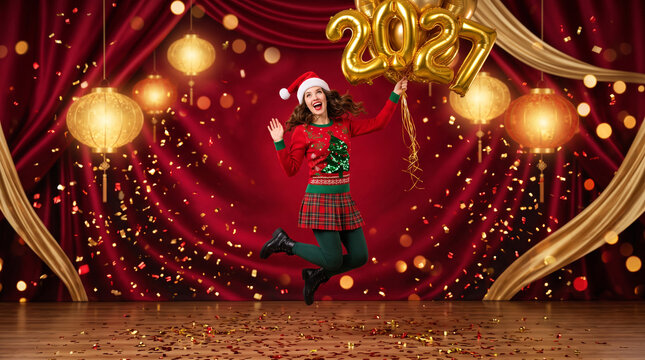 Woman celebrating New Year 2027 party with confetti and golden