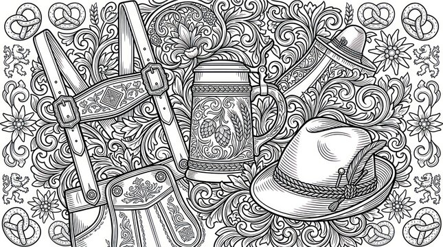 Traditional bavarian oktoberfest elements in detailed line art style