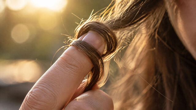 Close up of a woman twirling long brown hair around her finger outdoors in sunlight. Concept of nervous habits, boredom, hair care, split ends, or anxiety.