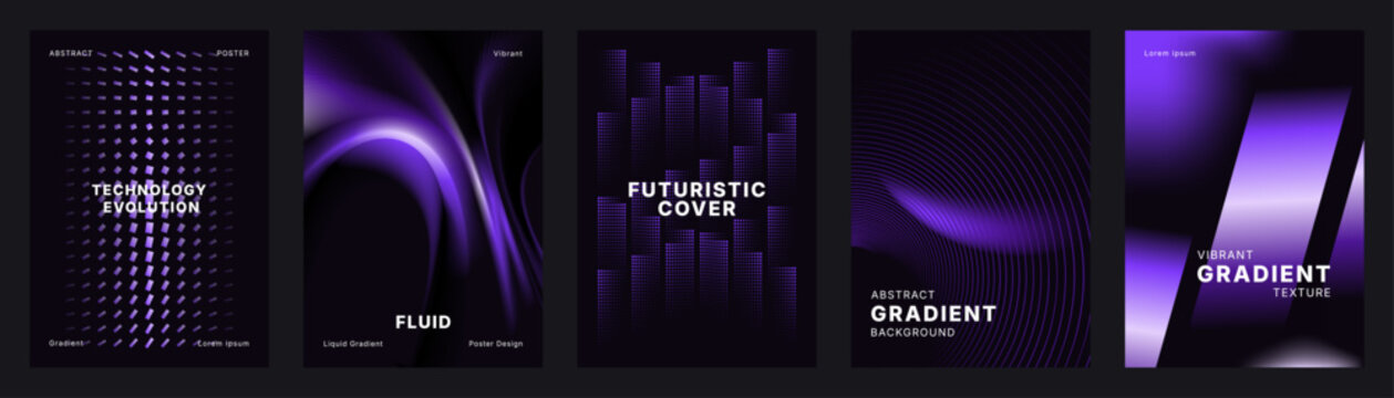 A futuristic vector poster collection features dark purple gradients fluid waves geometric forms and neon glow.