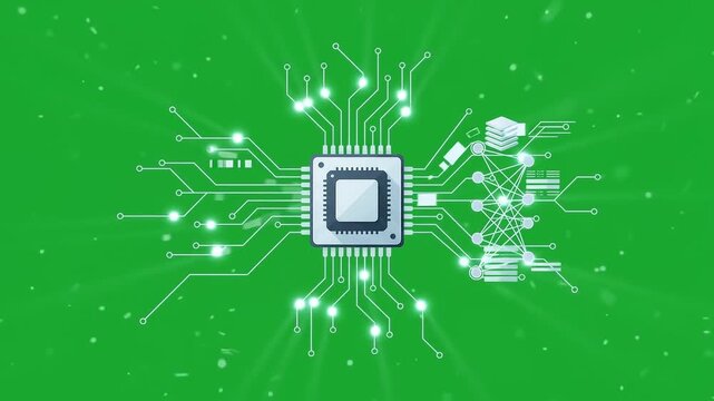 Connected server network with glowing nodes and lines, digital security on green screen