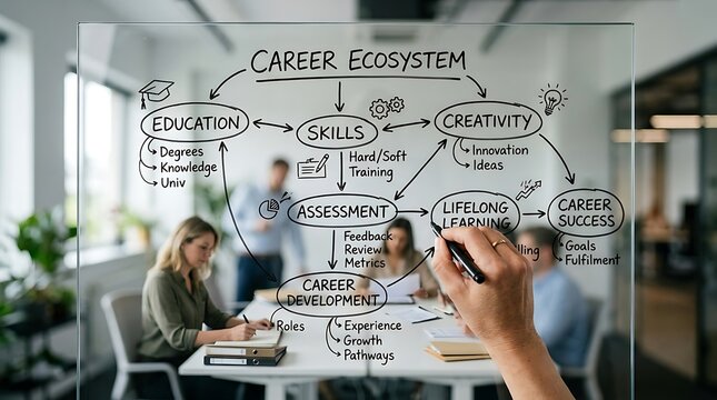 Professional team brainstorming a career ecosystem strategy on a glass whiteboard in a modern office.