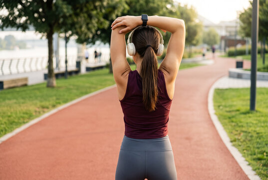 Rear view of female runner with headphones stretching triceps on outdoor running track