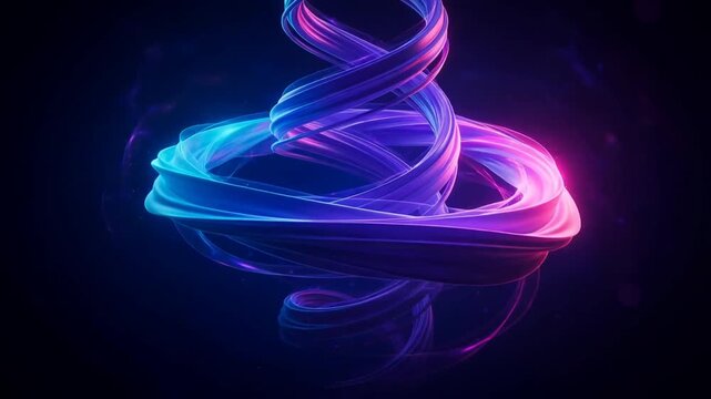 Double helix ribbons twisting in magenta violet and cyan with glowing DNA-like strands spiraling elegantly for science video backgrounds