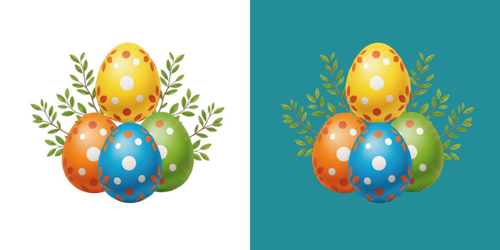 Colorful decorated easter eggs with green leaves design transparent png