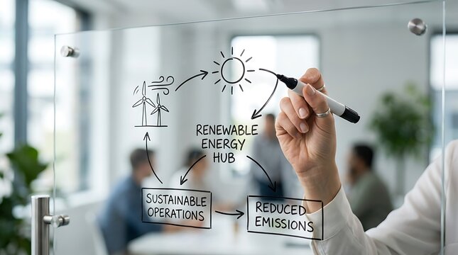 Business professional drawing a renewable energy hub diagram on a glass whiteboard in the office.