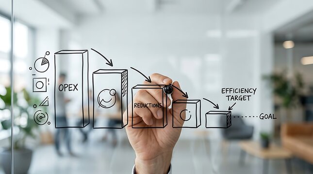 Business professional drawing a chart on a glass wall to illustrate operational expenditure reduction and efficiency targets.