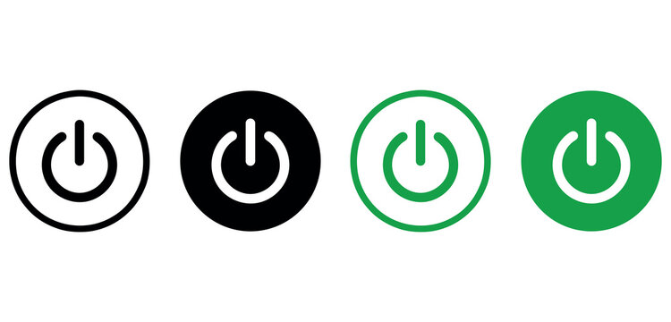 Set of power button icons in black and green colors for technology and interface design use.