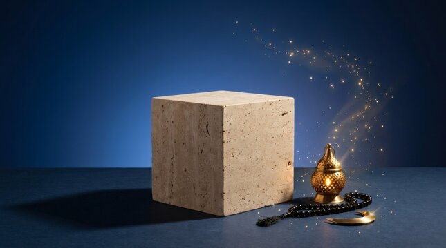 Ramadan kareem greeting background with stone podium and golden lantern