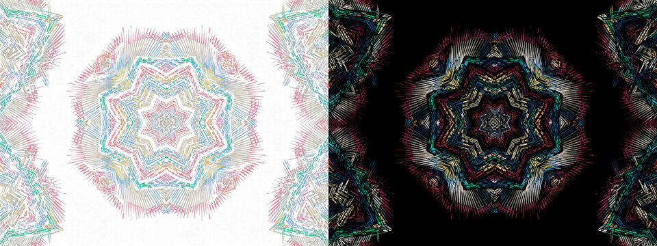 Flowing digital grid pattern, luminous multihued lines forming complex geometric mandalas and starbursts on a deep black background, ideal for tech