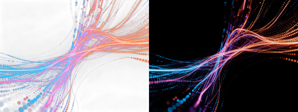 Flowing luminous digital particle streams, an abstract composition of radiant orange, electric blue, and fuchsia wave lines dynamically swirling into