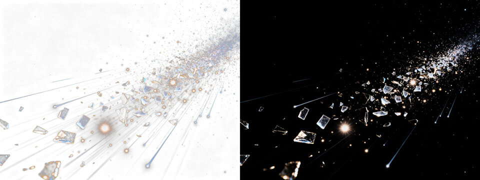 Galactic convergence, luminous golden stardust, crystalline shards streaking deep black void, ideal for science concepts.