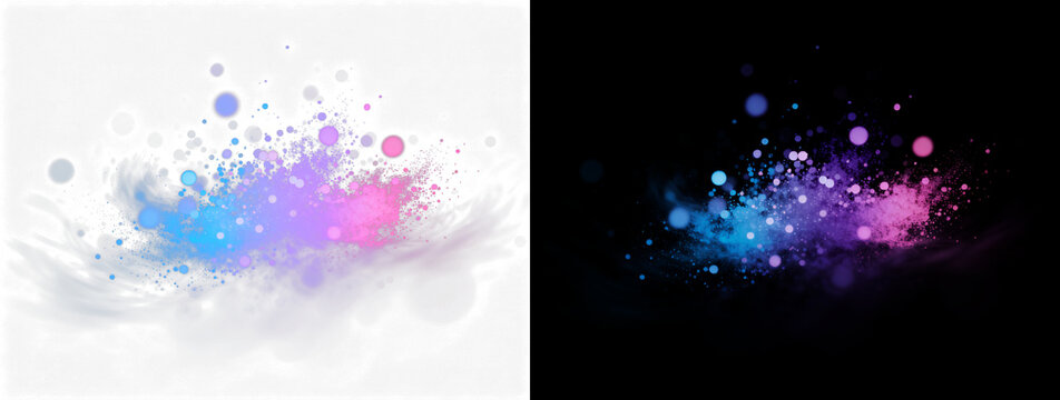 Luminous abstract particle cloud, glowing blue, violet, and pink dust with soft smoke and bokeh on a deep black void, ideal for modern digital design.