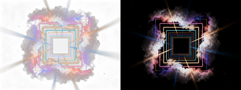 Luminous concentric neon squares, forming a mystical dimensional portal, enveloped by soft pastel clouds and vivid radiant light beams