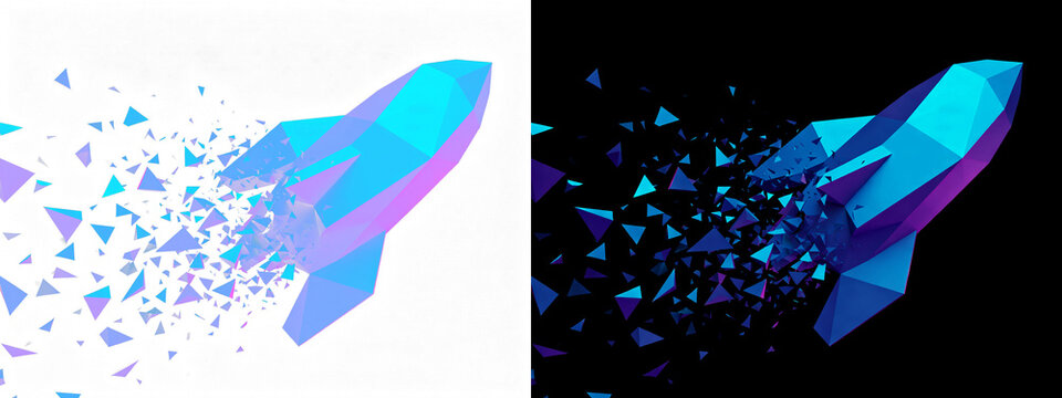 Luminous blue magenta polygonal rockets fragmenting on black, symbolizing innovation, ideal for tech marketing.
