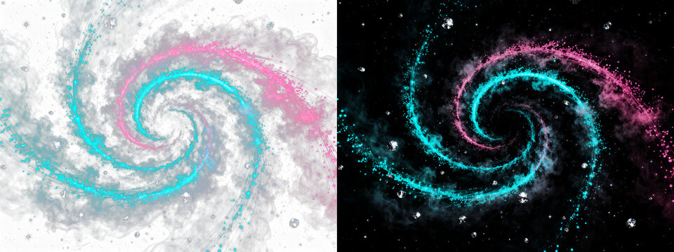 Luminous cosmic twin spirals, flowing cyan and magenta particles, swirling with sparkling cosmic crystals on black, ideal for tech presentations.