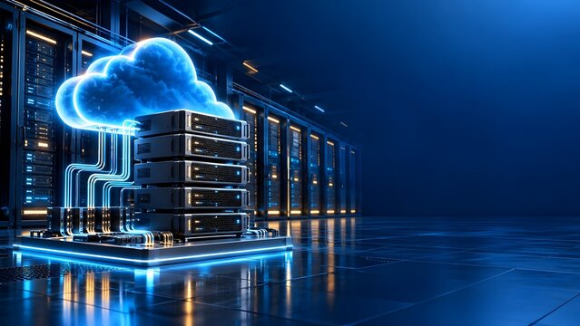 Modern cloud computing concept with glowing blue cloud connected to stacked servers in a data center with neon blue lights