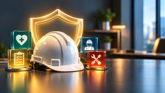 Construction safety and health protection concept with hard hat shield and icons for health checklist worker and tools on a desk