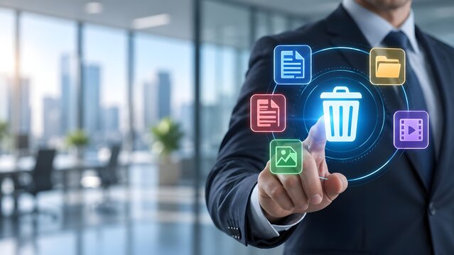 Businessman s hand touching a digital interface with a trash can icon surrounded by file folder and media icons symbolizing data deletion or management in a modern office.