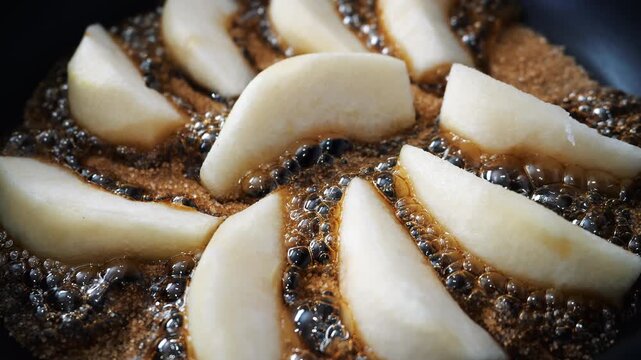 Close-up of fresh pear slices caramelizing in bubbling brown sugar syrup. Cooking process with melting sugar and fruit, ideal for dessert and homemade food concepts.