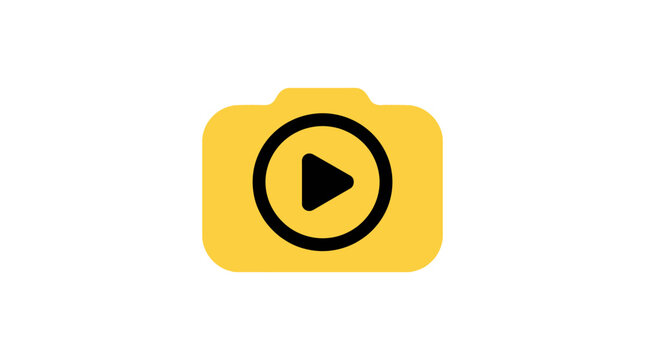 A yellow camera icon with a play button inside represents video recording and media playback capture filming pictogram