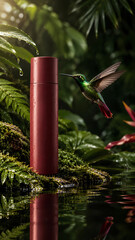 Obraz premium Matte red cosmetic spray bottle standing on mossy rock with flying green hummingbird in lush tropical jungle