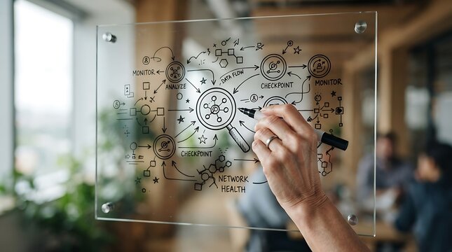 Business professional drawing a network health monitoring diagram on a transparent glass board in an office.