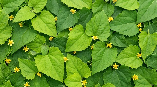 Top view of vibrant green yacon leaves and small yellow flowers arranged in a dense botanical flat lay. Full frame background of Smallanthus sonchifolius foliage with detailed veins.