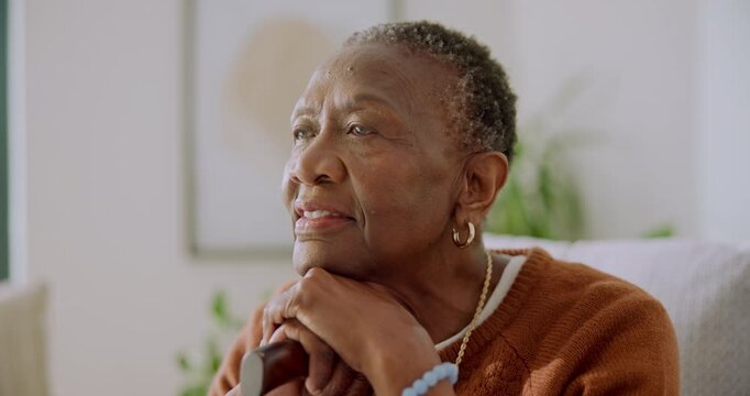 Thinking, happy and senior woman with walking stick for wellness, support and balance in retirement. Smile, home and elderly African person with cane for reflection, arthritis or mobility with memory