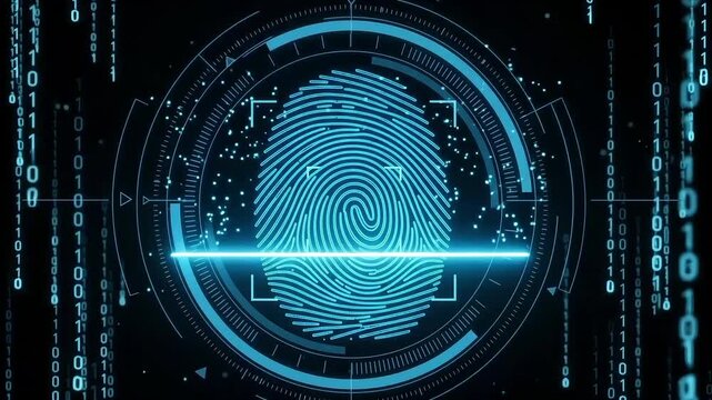 Biometric Fingerprint Scan Animation with HUD Interface, Digital Identity Verification, Cybersecurity, and Binary Code on Dark Background
