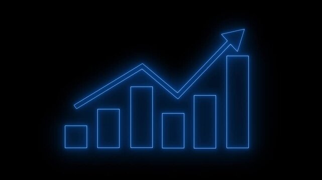 Glowing neon-style outline of a bar chart with five vertical bars and a downward arrow above animation
