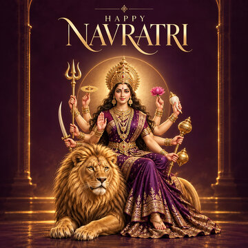 Hindu goddess durga seated on a lion in a regal temple setting for navratri celebrations with navratri hinduism religion spirituality festival tradition strength