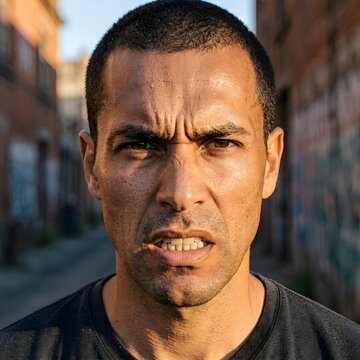 Intense Man Looking at Camera in Urban Alleyway