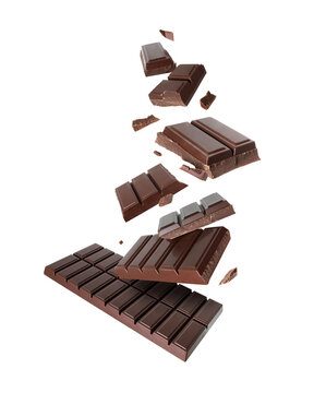 Flying and breaking chocolate bar with chunks and crumbs, isolated on transparent background