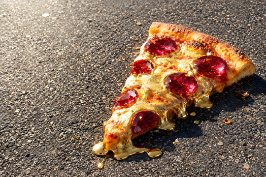 Surreal slice of pizza with ruby and diamond toppings dropped on asphalt. High-end luxury food concept and absurd humor for culinary marketing.
