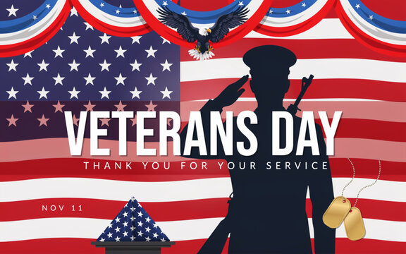 Emotional Veterans Day 11 November 2026 Patriotic Banner honoring military veterans with American Flag, Military Veterans Silhouette and U.S. military base. Vector Illustration