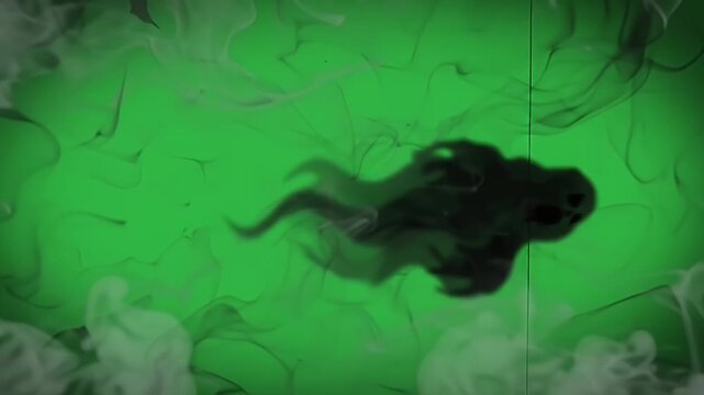 Ghostly Shadow Drifting on Green Screen Background - A dark, ghostly shadow with blurred edges drifts slowly across a vibrant green screen background, framed by silhouetted spooky trees.
