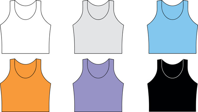 Blank women fashion crop top tank vector template collection set with colorful apparel mockups isolated on white background