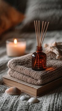 A reed diffuser bottle rests on folded towels and a book with a lit candle in the background.