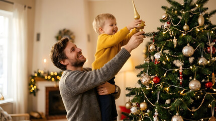 Obraz premium A happy father holding his smiling son up to place a golden christmas ornament on the top of a decorated tree in a brightly lit living room during the holiday season