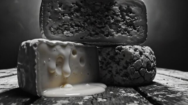 Black and white still life video of stacked cheeses on an old weathered wooden surface with smoke effect