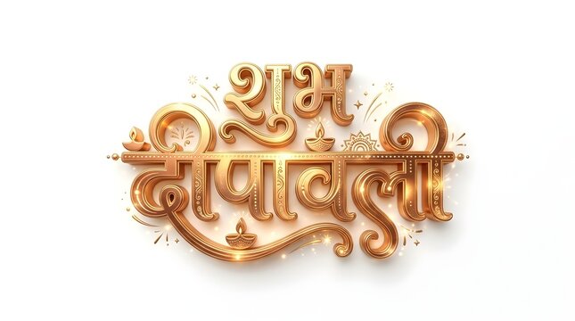 Elegant Shubh Deepawali 3D Golden Hindi Typography Design with Glowing Oil Lamps and Sparkles for a Happy Diwali Celebration Banner