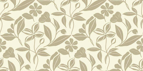Fototapeta premium Vintage Botanical Vector Seamless Pattern Featuring Muted Sage Flowers, Delicate Leaves, Vines on Light Cream Background for Classic Surface Design