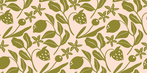 Fototapeta premium Playful Botanical Vector Seamless Pattern Featuring Olive Green Flowers, Strawberries, Leaves, Berries on Warm Cream Background for Textile Prints