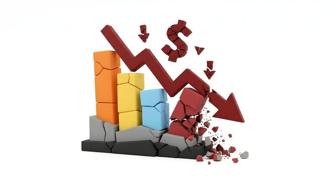 Dramatic 3D Rendering of a Crashing Stock Market Bar Graph with a Red Downward Arrow and Dollar Sign Symbolizing Financial Crisis and Economic Recession