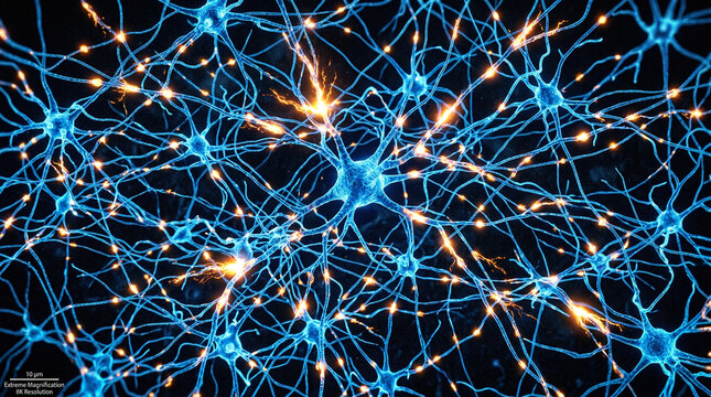 Neural network graphic with interconnected neurons for scientific and