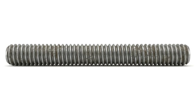 Horizontal View of a Long Industrial Fully Threaded Metal Rod Stud Bolt Isolated on a Plain White Background for Engineering and Construction Uses.