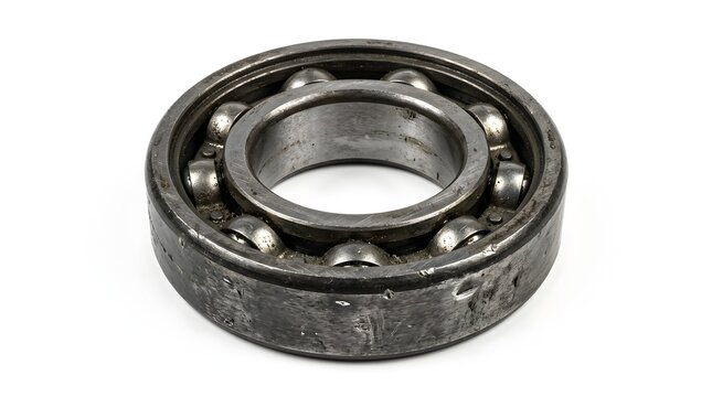 Industrial Heavy Duty Worn Steel Ball Bearing Component with Visible Surface Scratches and Grease Residue Isolated on White Background